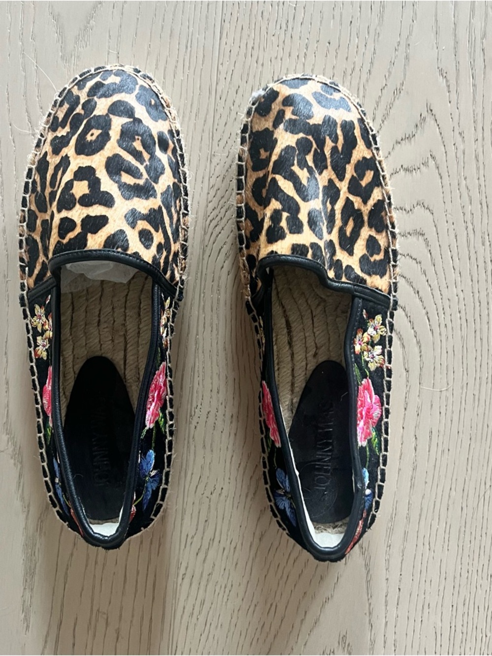Johnny Was Black Espadrille with Floral Embroidery and Leopard Trim
